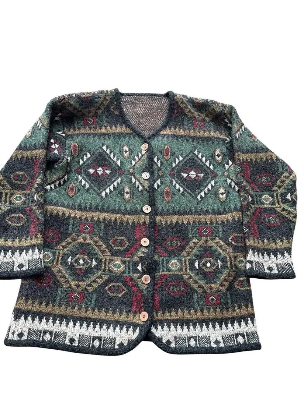 Vintage Aztec Blanket Wool Cardigan Sweater Green Gray Southwestern Ranch Small